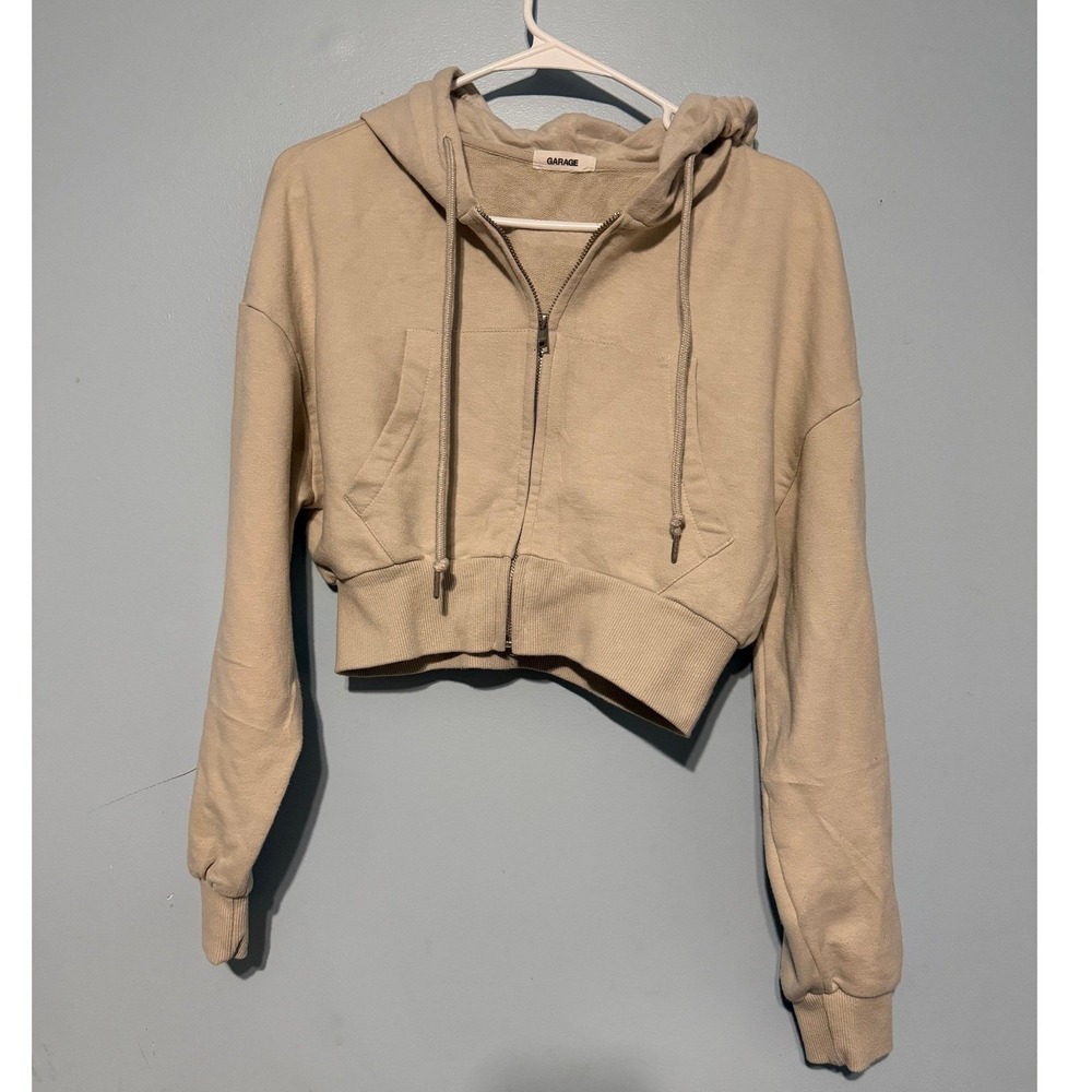 Garage Women's XS Cropped Zip Up Hoodie Tan Beige Fleece Sweatshirt 1626